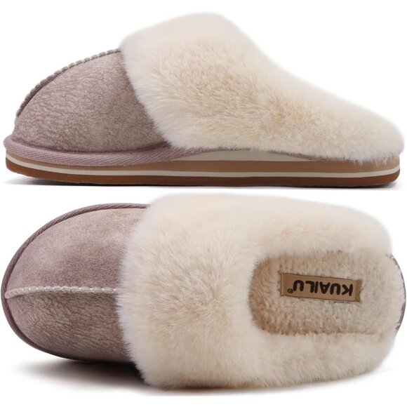 ⚡Women Beige Suede Fluff Dual Memory Foam Arch Support Warm Scuff Slipper - Picture 1 of 7